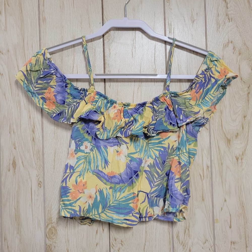 FOREVER 21 Tropical Floral Ruffle Off Shoulder Cropped Top M - Picture 6 of 6